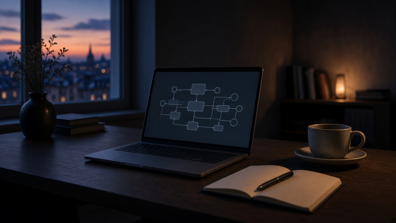 A dusk desk with a laptop showing a simple workflow diagram, the remote setup Alec Asgari uses for n8n and CRM work.