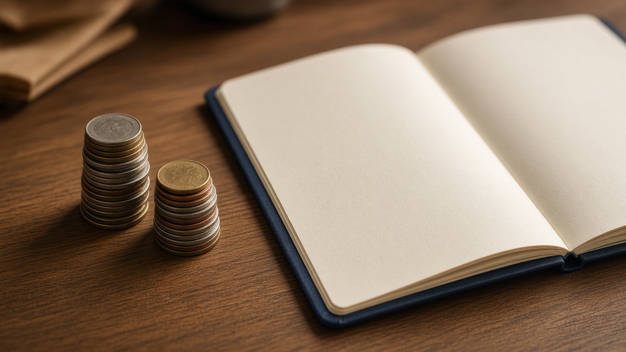 Two piles of coins beside a blank notebook, suggesting a monthly bill versus a one-time cost