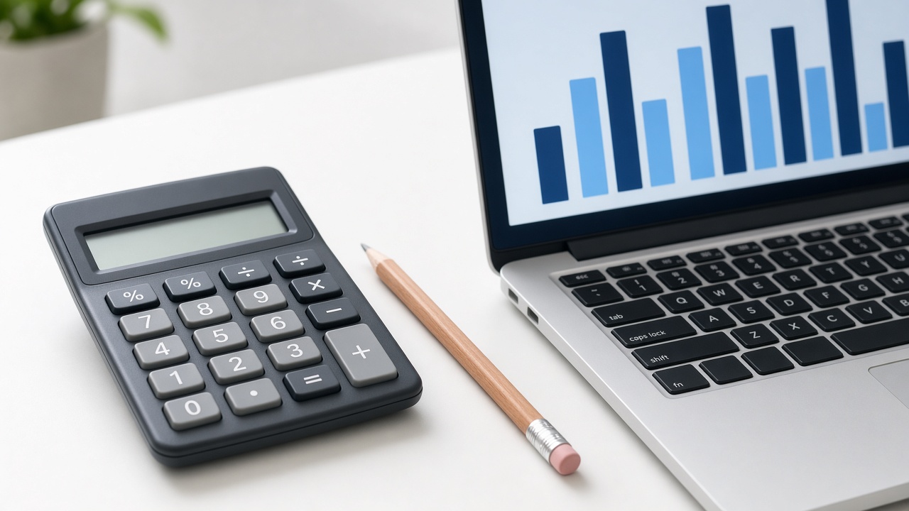 A desk calculator and a laptop with abstract bars, no readable figures